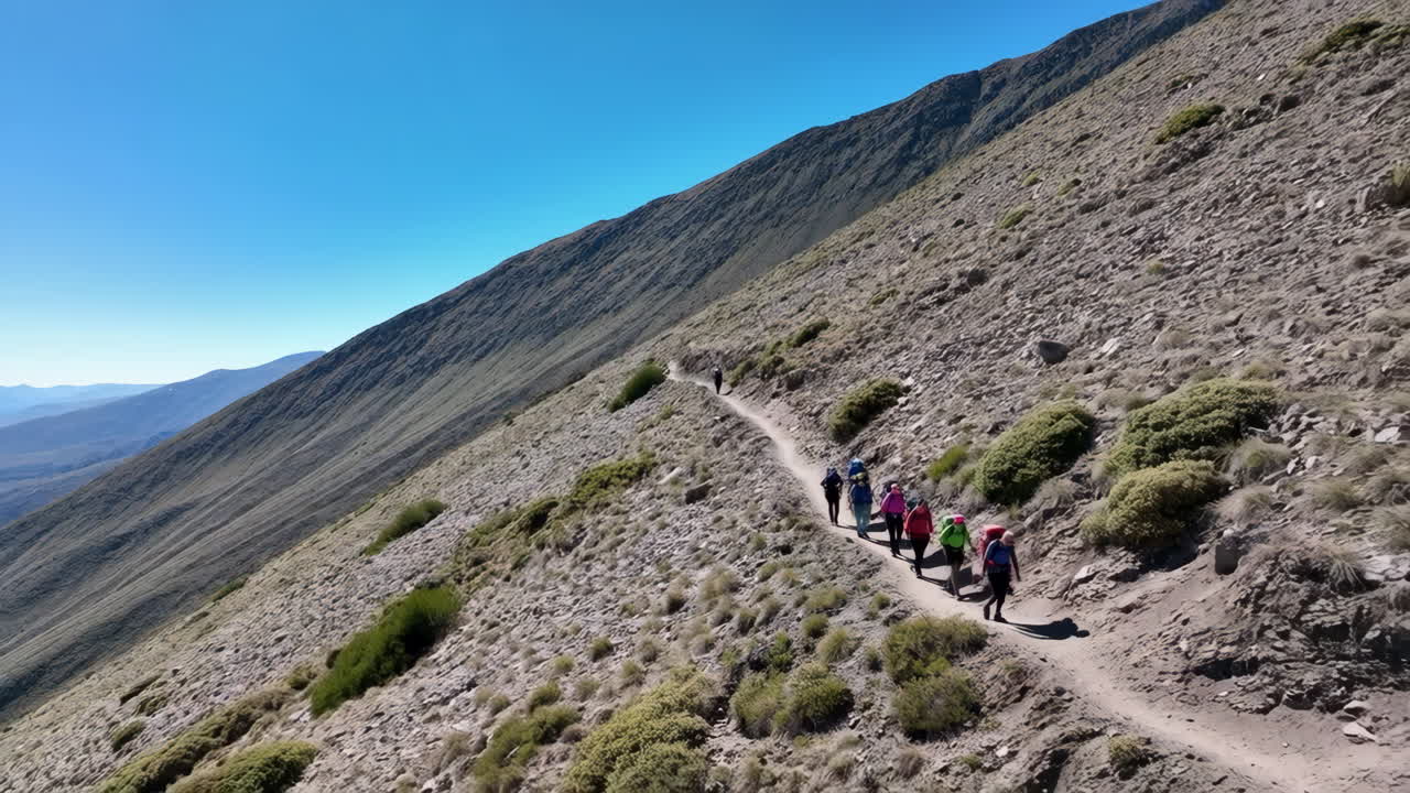 A group of hikers ascend a narrow mountain trail under a clear blue sky