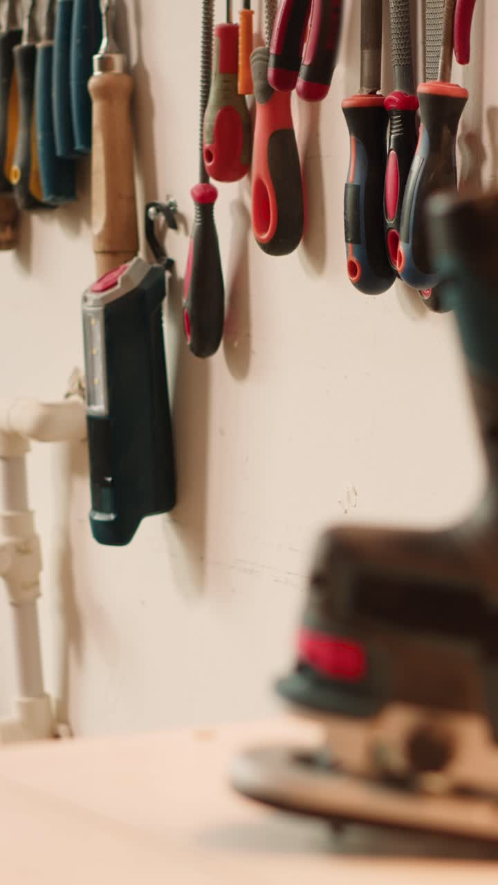 Various Hand Tools Hanging Neatly Organized on a Workshop Wall