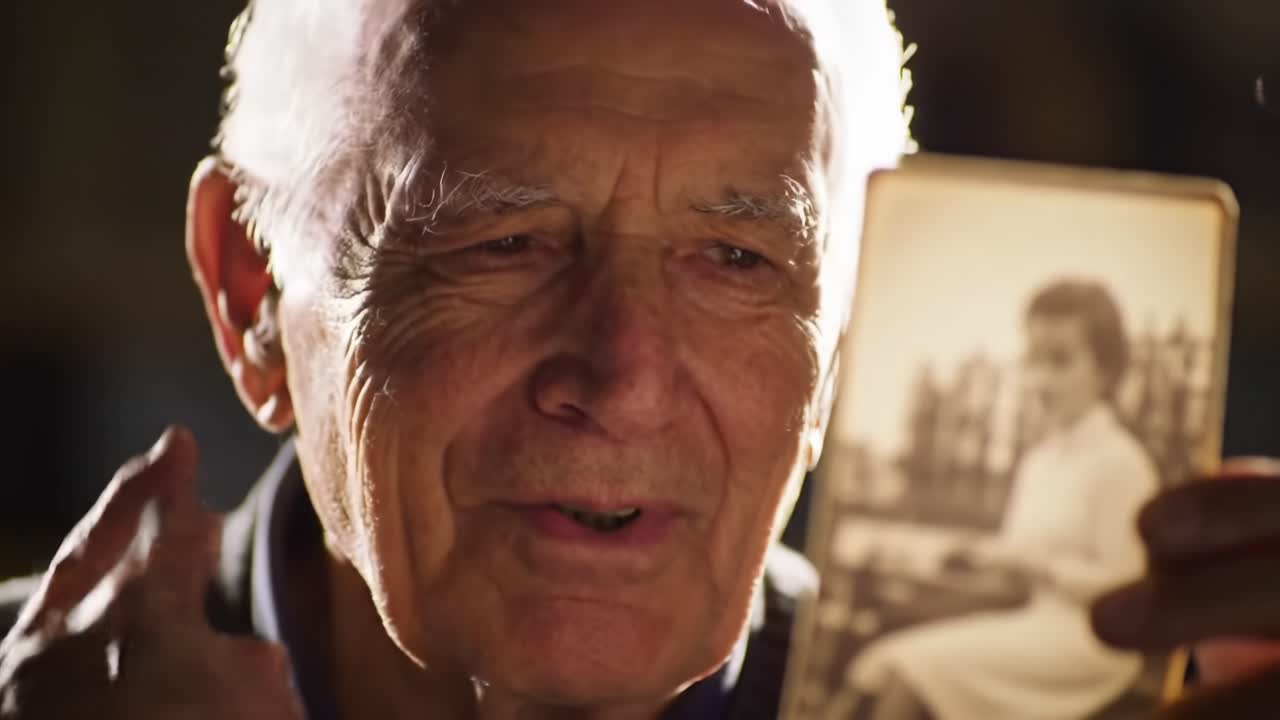 An Emotional Reflection on Memories: An Elderly Man Shares a Nostalgic Moment While Holding a Cherished Photograph of His Past, Evoking Long-Lost Times and Stories
