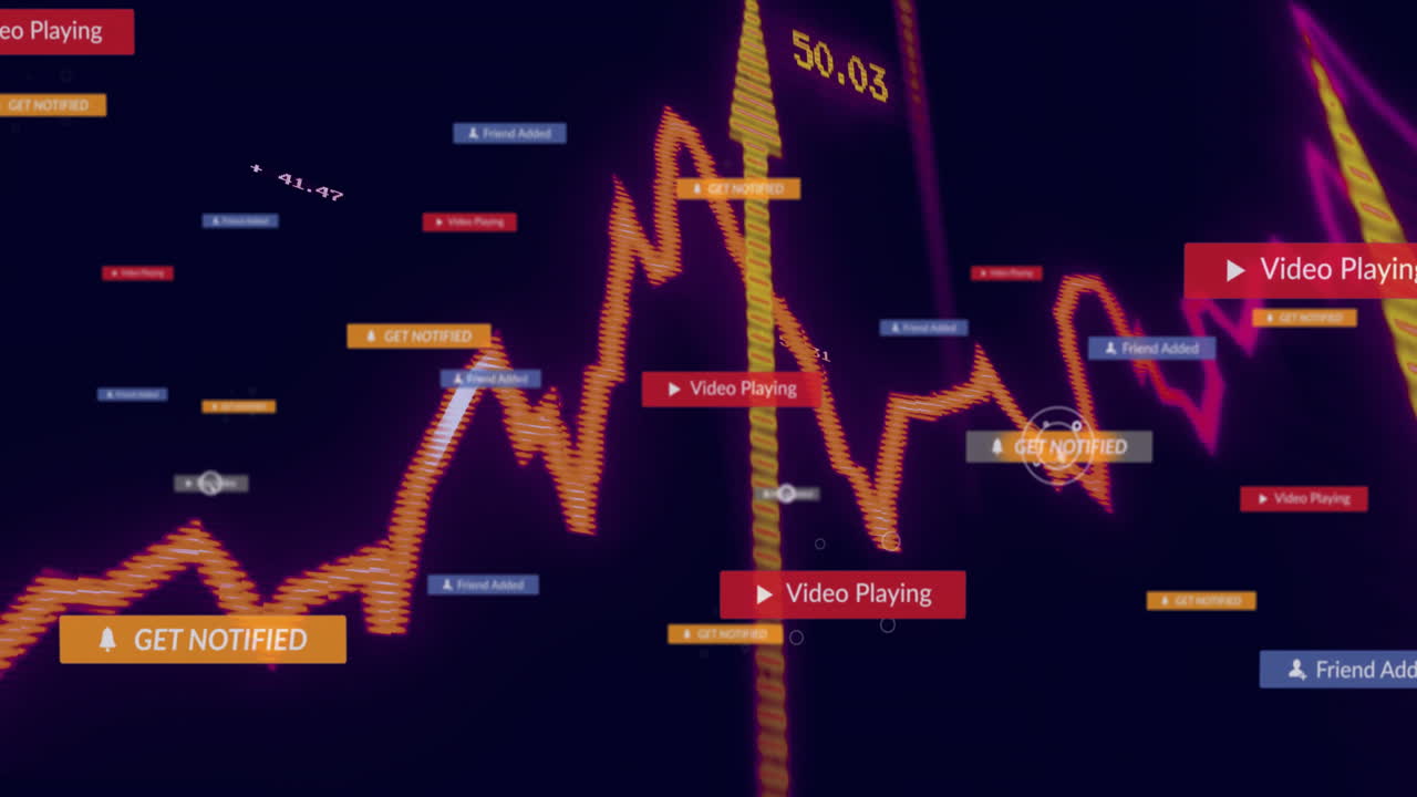 Animating orange waveform chart with floating red orange blue alerts on flat design interface