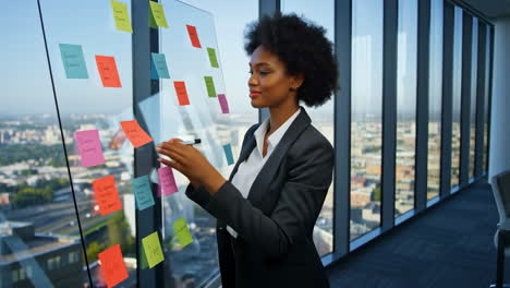 woman brainstorming ideas on a glass board in a modern office