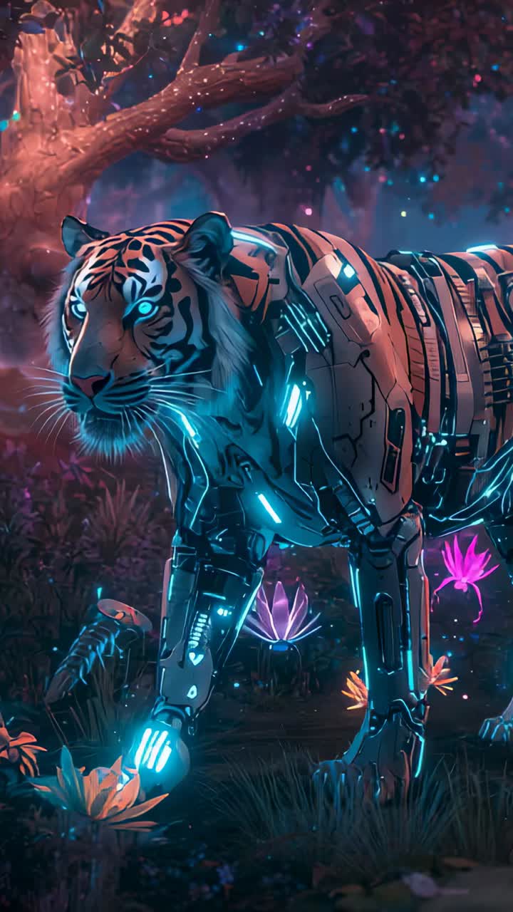 Vertical video: Shifting cyber tiger stepping across misty clearing, exploring near glowing flowers