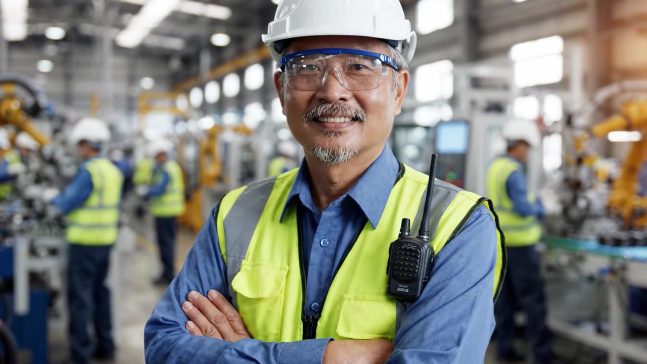 Un operaio sicuro di sé in uno stabilimento di produzione sorride alla telecamera, mostrando dispositivi di sicurezza e doti di leadership in un ambiente di produzione automatizzato avanzato