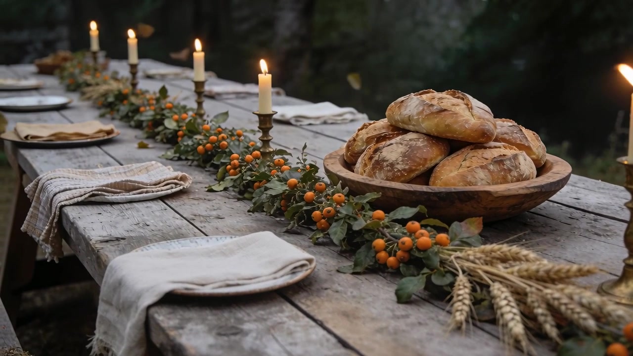 Falling leaves nudging camera pulling back in woods, revealing bread bowl, lit candle, copy space