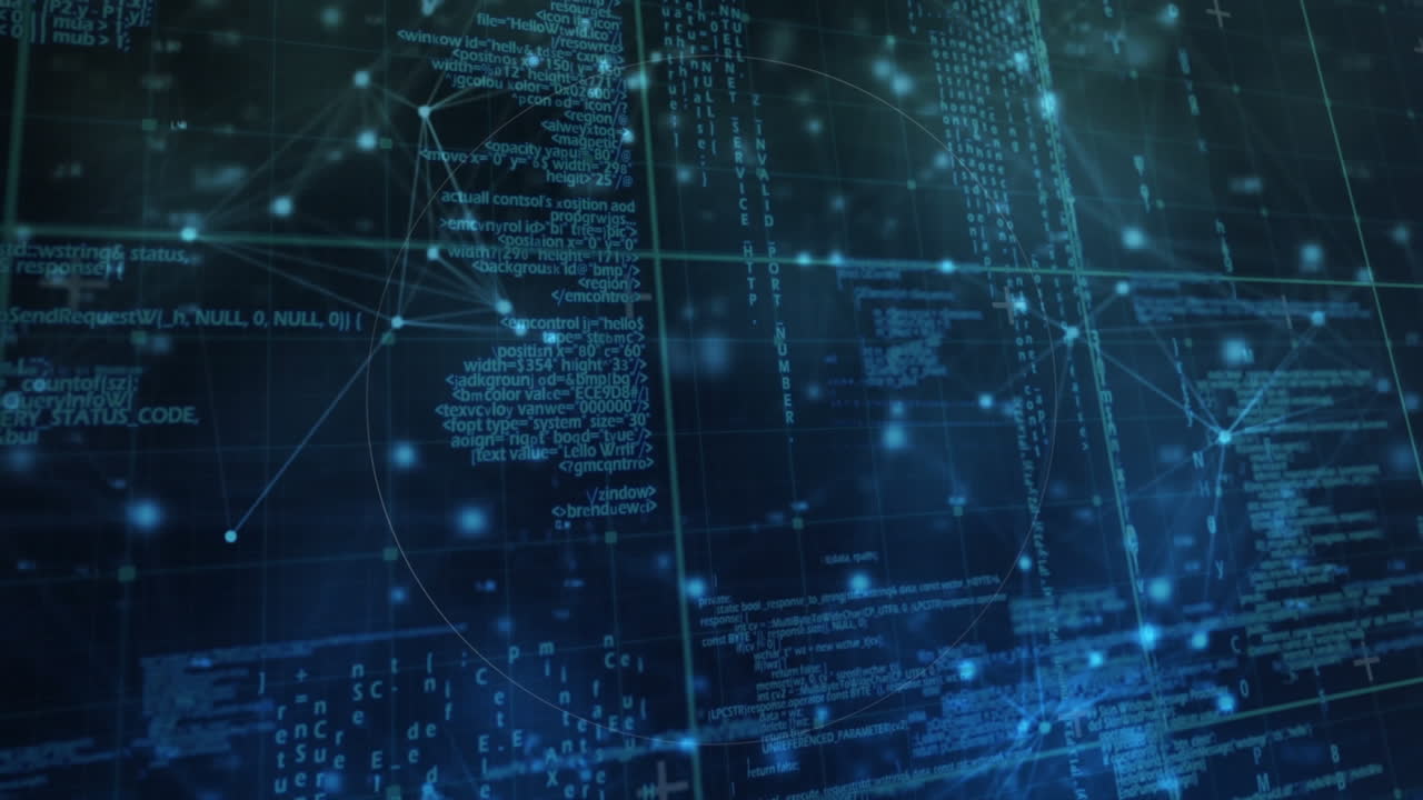 animación del escaneo del alcance sobre el procesamiento de datos, la red de conexiones y los puntos brillantes en la red
