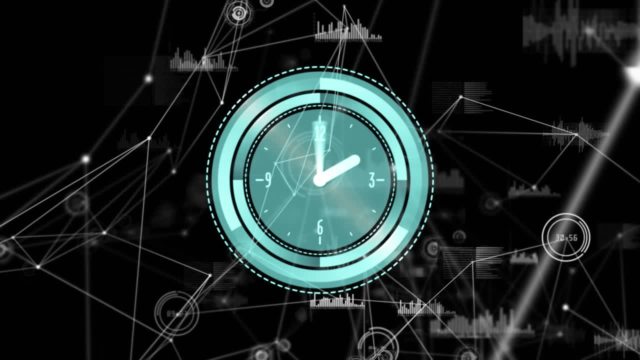 Animation of clock moving fast over network of connections on black background