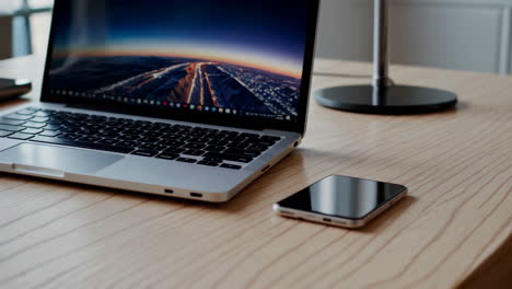 modern office desk setup with laptop and smartphones