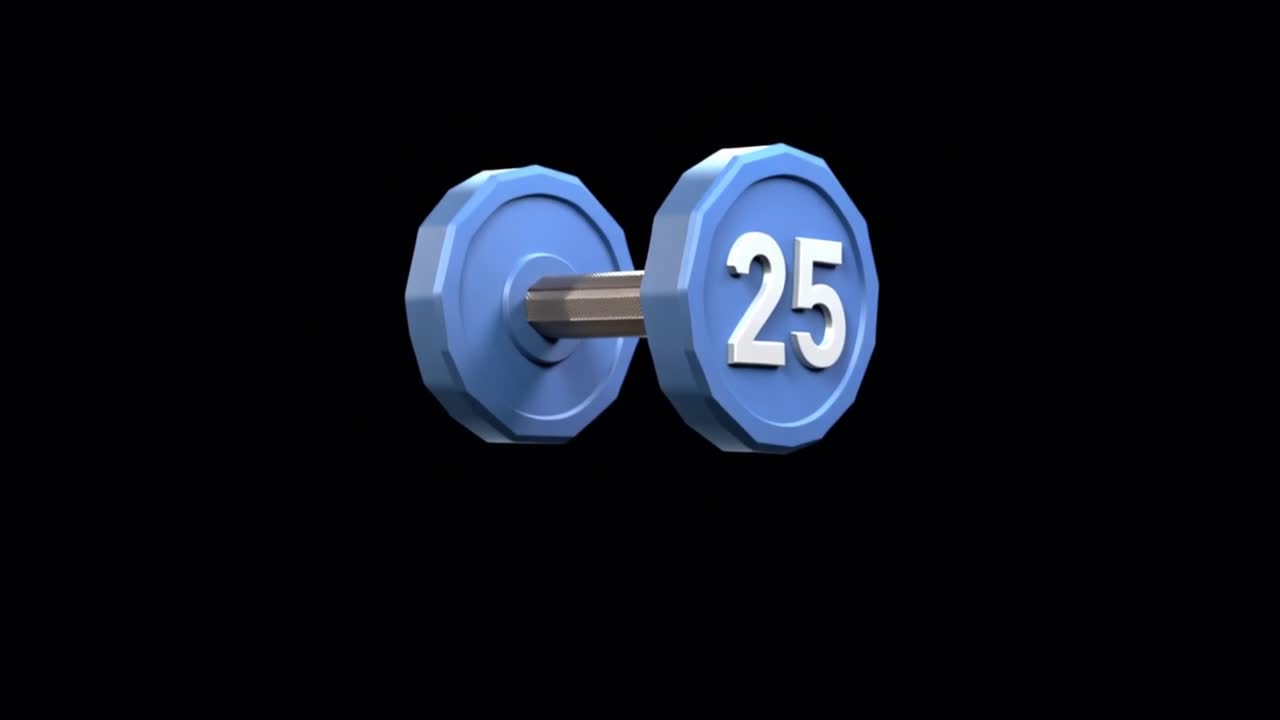 Blue 3D Dumbbell with 25 Rotating on Black Background