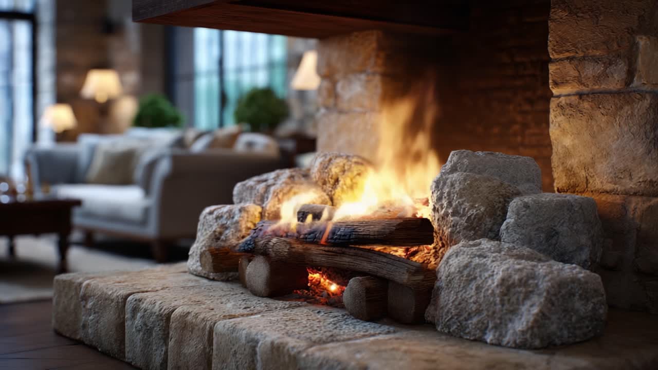 A Cozy Fireplace Radiating Warmth and Comfort in a Modern Living Room, Featuring Natural Stone Surround and Glowing Flames to Create an Inviting Atmosphere