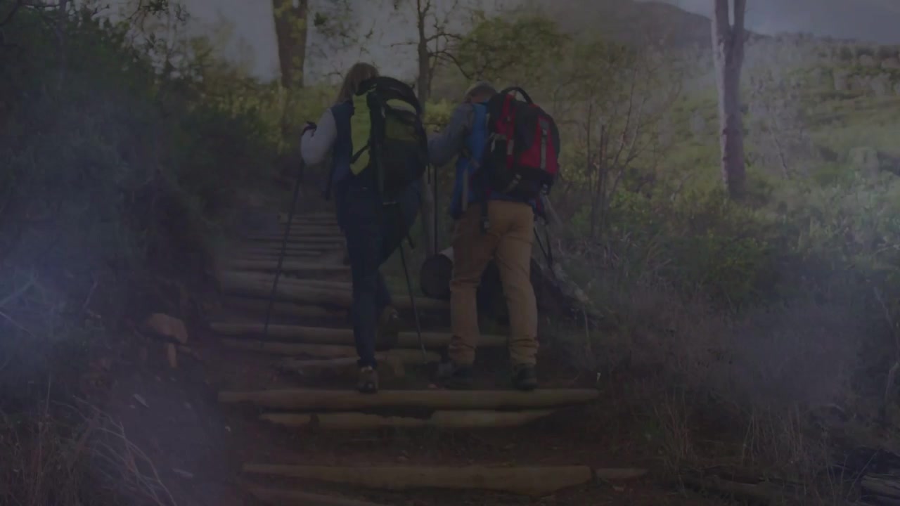 遠足情侶在小徑起點攀爬木製階梯，撐著登山杖並背著背包走向山脊。