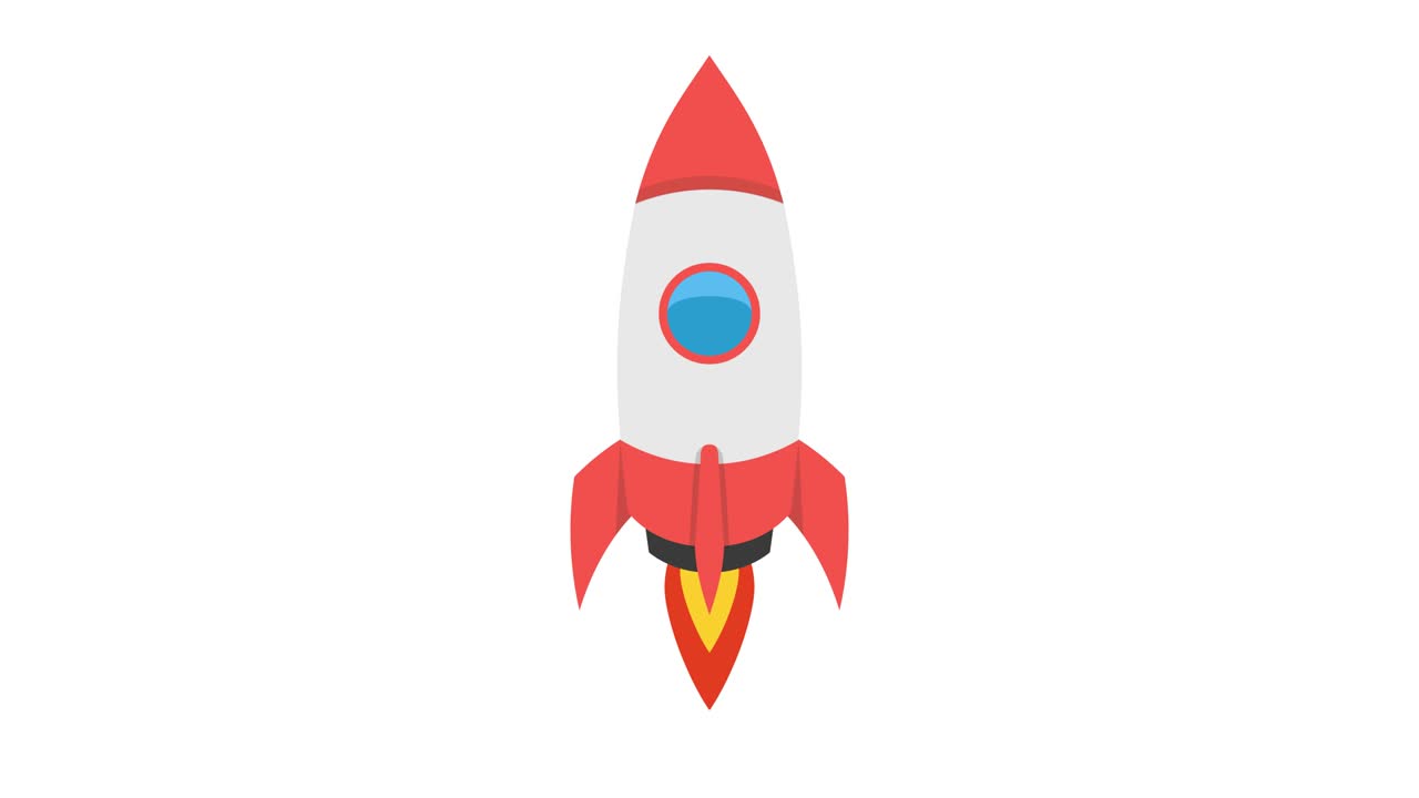 Cartoon rocket ship flying up on white background. Loop animation. 4K resolution.