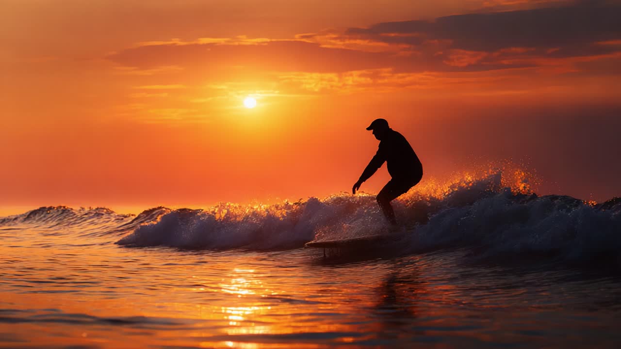 Un surfista che cavalca le onde al tramonto: cattura la bellezza dell'oceano e il momento perfetto del surf sotto un cielo vivido inondato di colori caldi