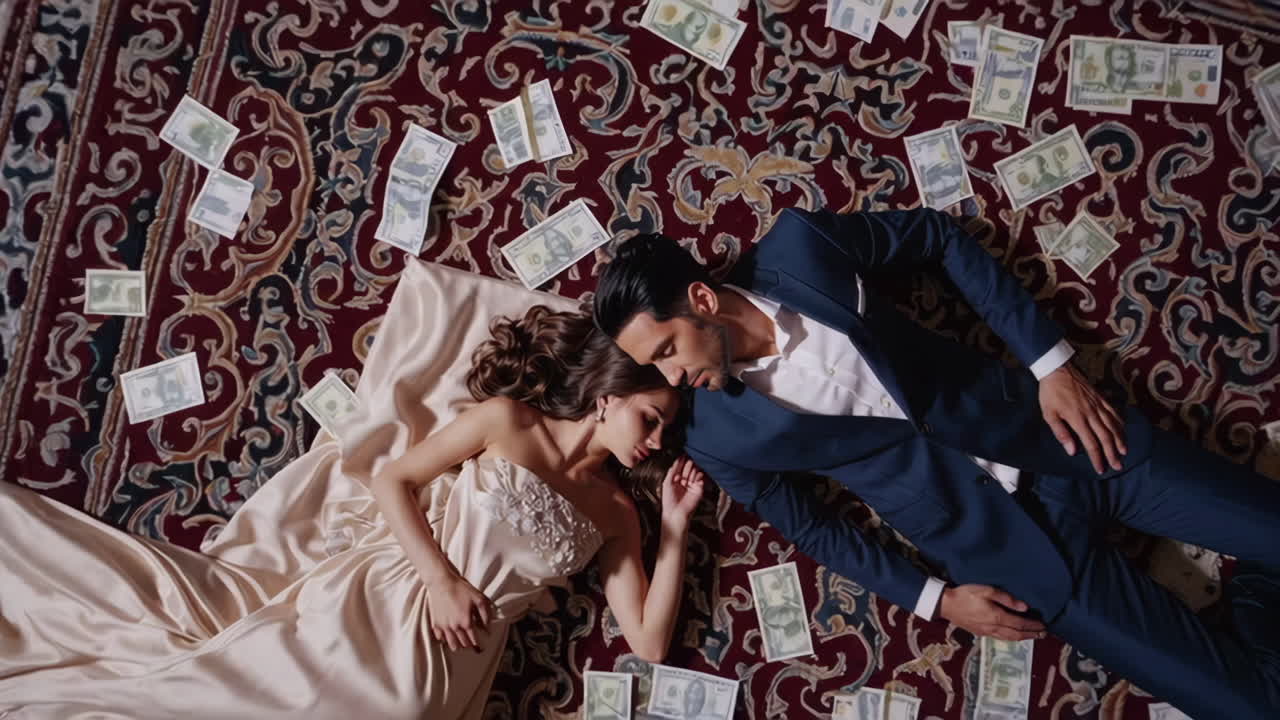 Couple Lying on a Carpet Covered in Money