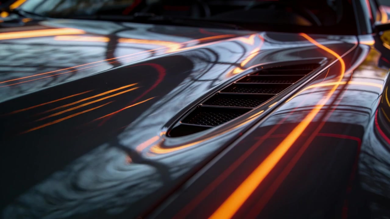 Gliding camera revealing sport coupe hood slotted vent in showroom, tracking orange reflections