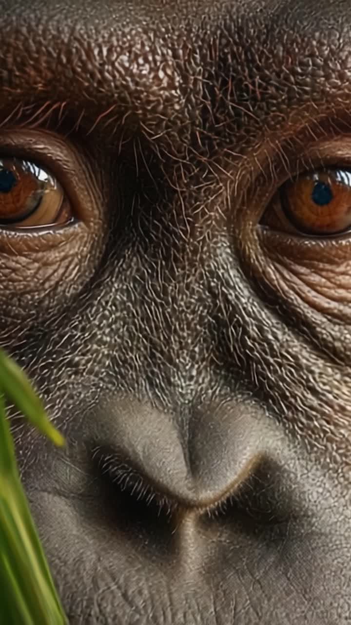 Un primo piano intimo del volto di un gorilla, che rivela i dettagli intricati delle sue caratteristiche, evidenziando i suoi occhi pensierosi e la texture unica.