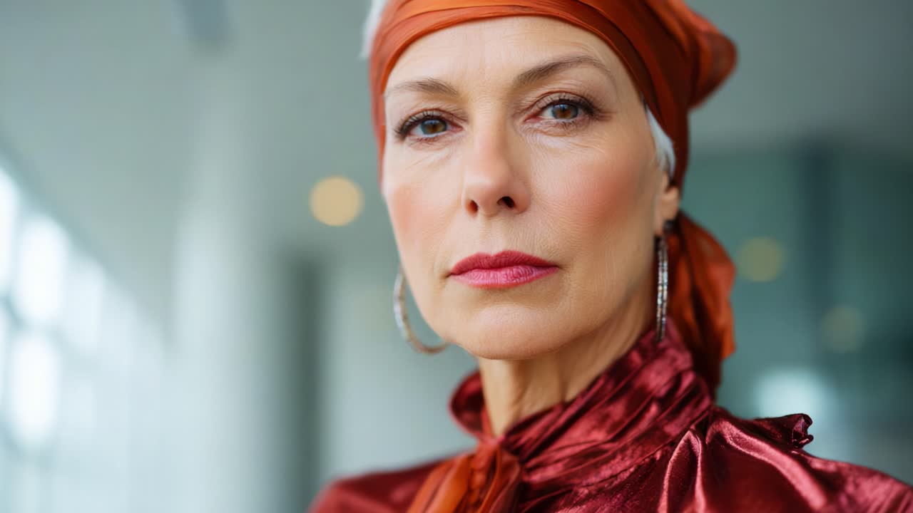 Ritratto di una donna sicura di sé in camicetta di raso rossa e foulard arancione, che mostra equilibrio ed eleganza su uno sfondo luminoso e moderno