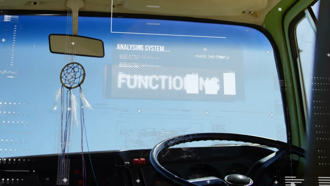 Digital grid appearing over windshield, HUD overlay analysing cabin data with shifting chart bars