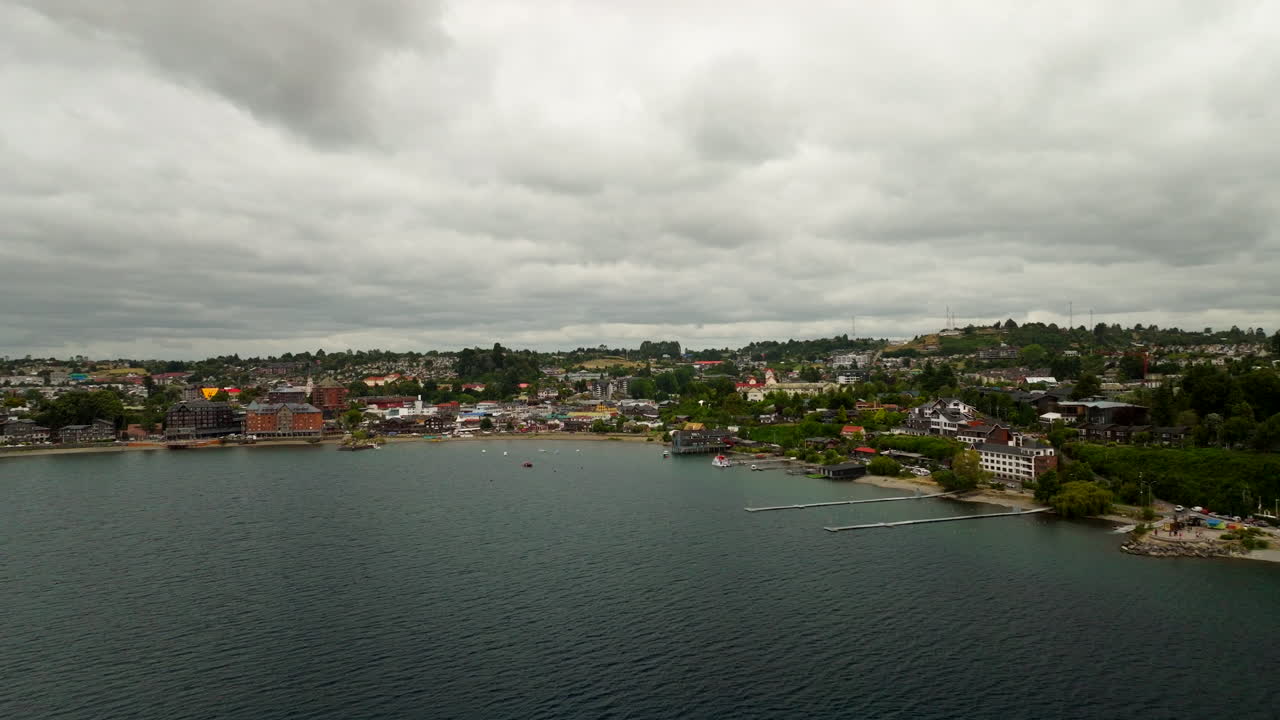 Aerial, Puerto Varas properties, Lake Llanquihue, waterfront buildings