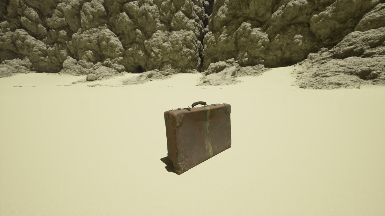 Old suitcase abandoned in a deserted rocky landscape under bright sunlight