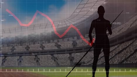 animación de gráficos y procesamiento de datos sobre una atleta con jabalina en un estadio deportivo