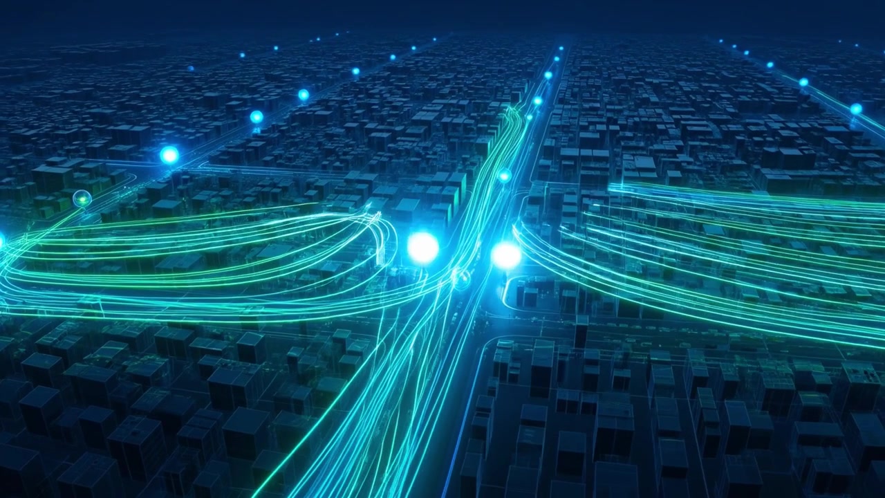 Abstract Digital City Grid with Glowing Data Connections