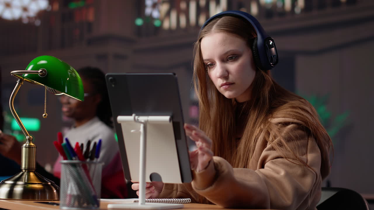 Vertical video young female adult listening to therapy music and working on her bachelor paper