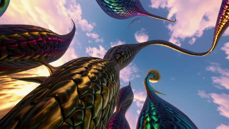 iridescent organic forms in a vibrant sky