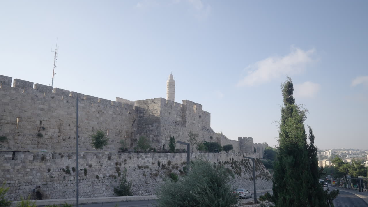 Ancient Walls Of Jerusalem And David's Tower At Background In Old City Of Jerusalem, Israel. panning shot