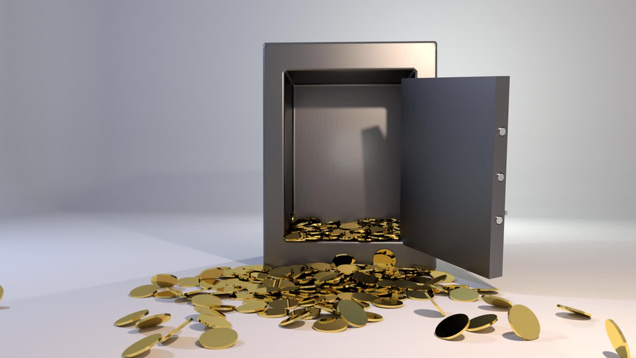 la caja fuerte cae derramando monedas de oro cayendo derramando valiosas ganancias aterrizaje de tierra 4k