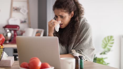 Tracking-video-of-sick-woman-while-video-conference-at-home