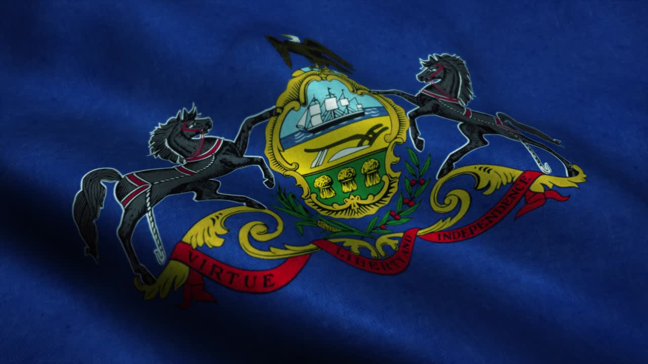 펜실베이니아 주 발이 바람에 흔들리는 펜실베이냐 주 국기, 펜실베니아 주 상징, 이 없는 루프 애니메이션, 4k