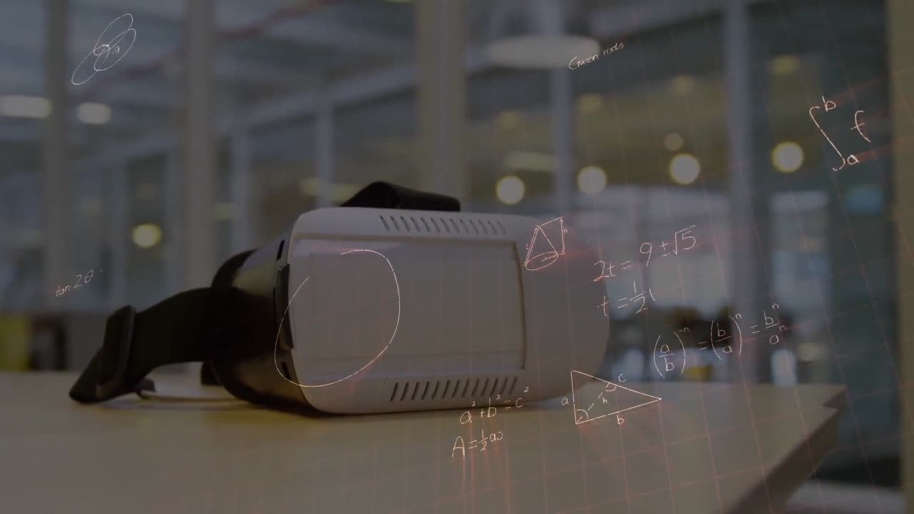 ecuaciones matemáticas flotando contra el auricular vr en una mesa de madera