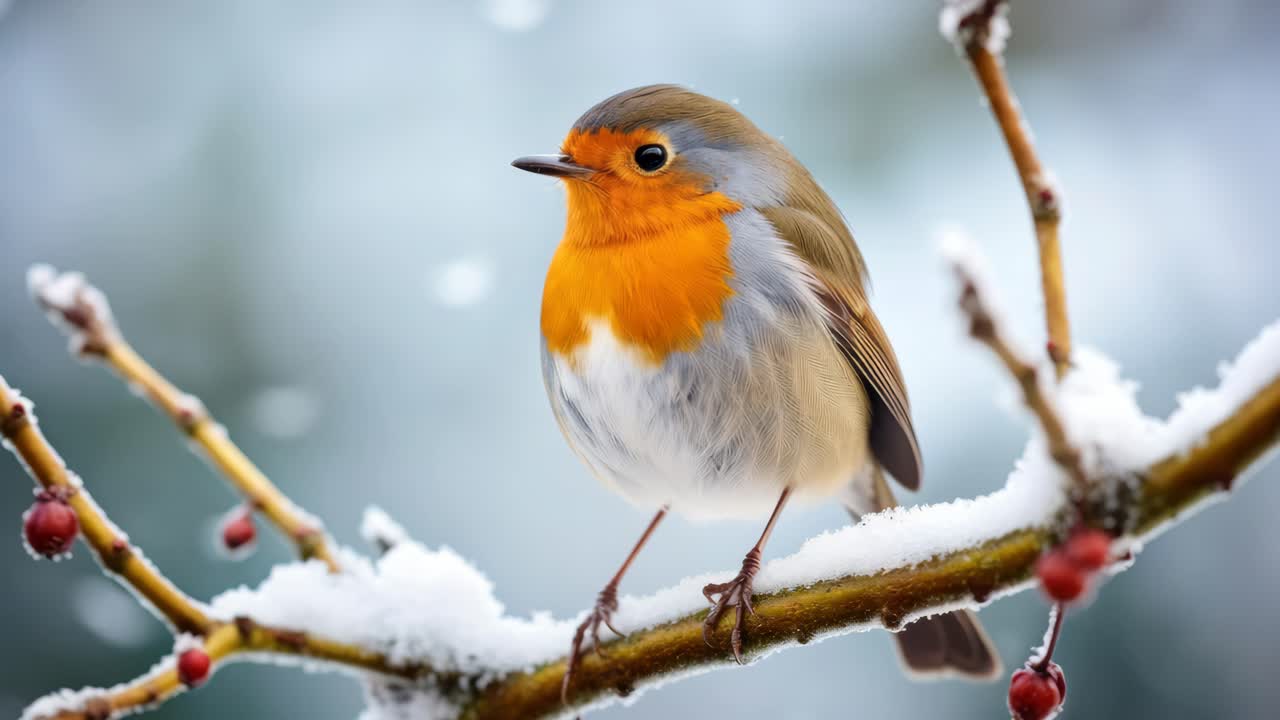 Close-up video still of a robin perched on a snow-covered branch, capturing its vibrant orange chest