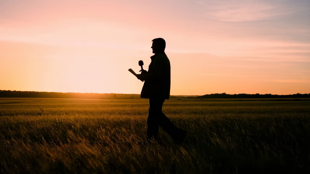 Silhouette of a reporter with a microphone and papers in a field at sunset