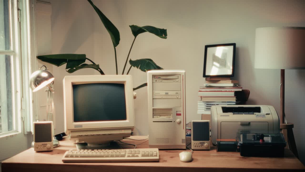 Retro pc computer gaming, Desktop vintage with loading code console, programmer making scripts, green basic screen, Old computer studio close-up, retro wave display, late 90s PC.