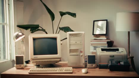 retro pc computer gaming, desktop vintage with loading code console, programmer making scripts, green basic screen, old computer studio close-up, retro wave display, late 90s pc.