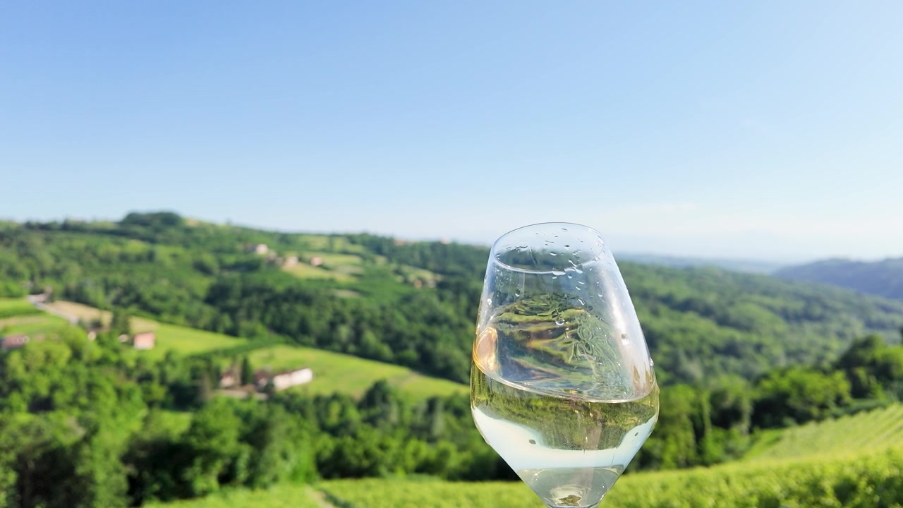 Vino bianco gira in un bicchiere contro un paesaggio soleggiato di vigneti piemontesi al rallentatore.
