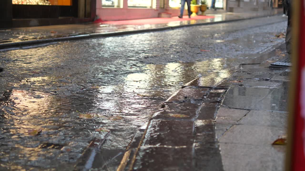People walking on a wet city street on a rainy day