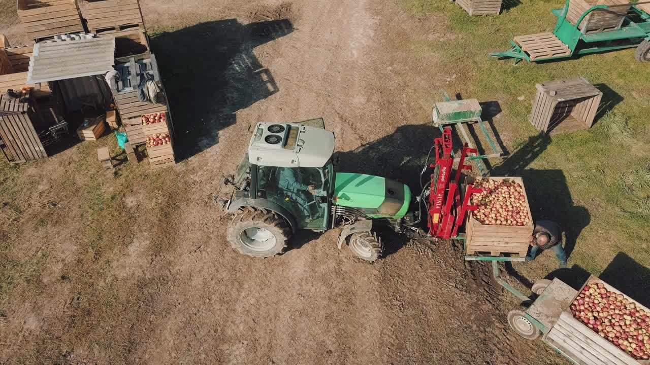 Tractor works in a fields. Aerial view of tractor working on apple factory