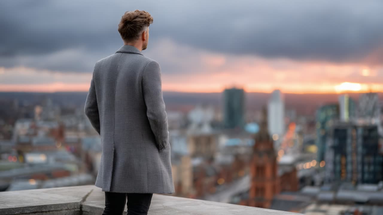 A Pensive Moment at Dusk: A Man Contemplates the Urban Skyline from a Rooftop Overlooking the Cityscape Bathed in the Golden Glow of a Sunset