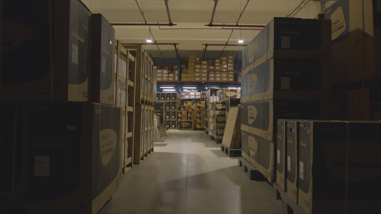 Lights Opening One By One In A Storage Warehouse