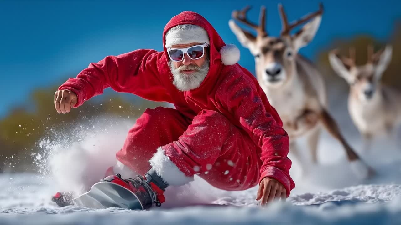 A man in a santa suit riding a snowboard down a snow covered slope