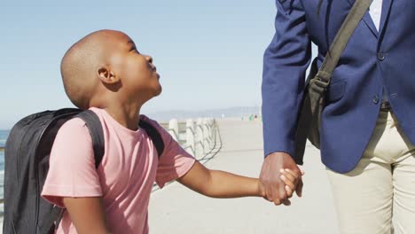 video of happy african american son and father walking and talking by sea