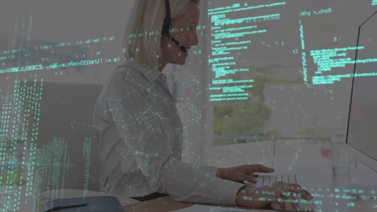 Animazione dell’elaborazione dati su una donna d’affari caucasica in ufficio