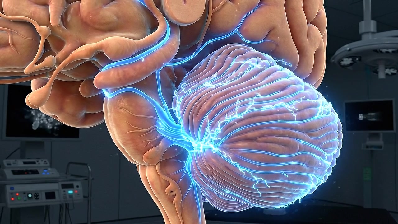Close anatomical brain view showing cerebellum and neural structures in medical view