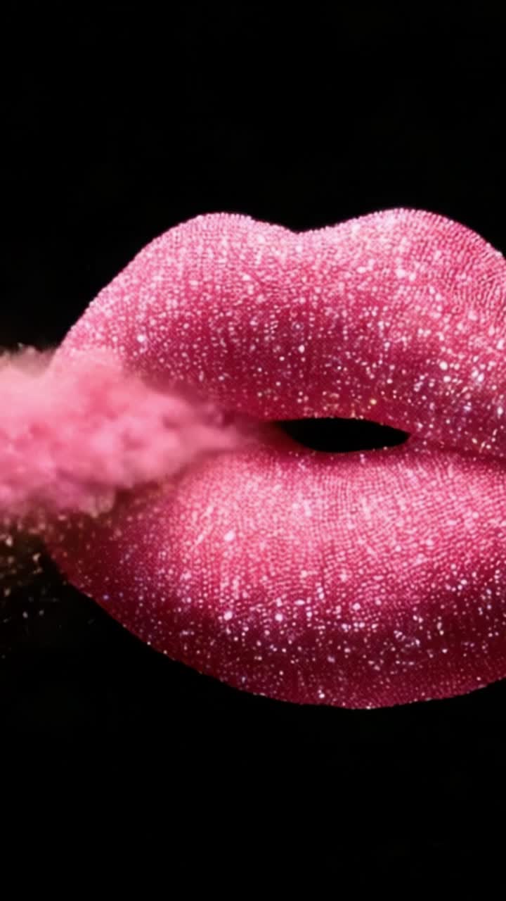 Primo piano mozzafiato di labbra rosa scintillanti su sfondo nero, che mette in risalto un trucco glamour e dettagli luccicanti per un'esperienza visiva accattivante.