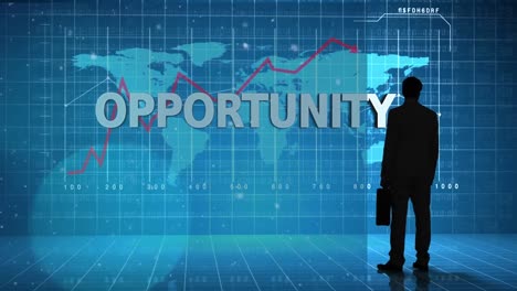 Animation-of-businessman-over-opportunity-text-and-world-map-with-data-processing-on-blue-background