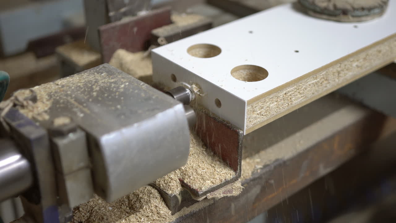 la broca técnica horizontal entra y sale en un elemento de madera aglomerada, produciendo mucho aserrín volador alrededor