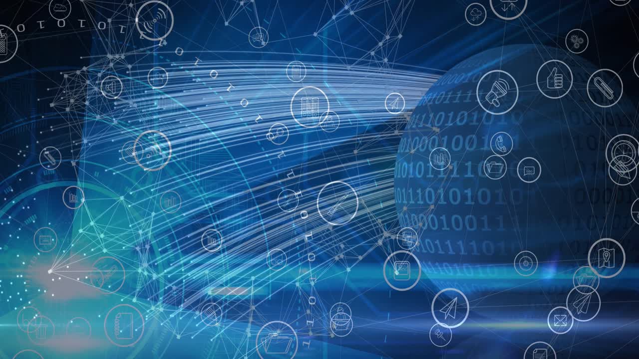 Animation of network of digital icons and data processing against light trails and globe