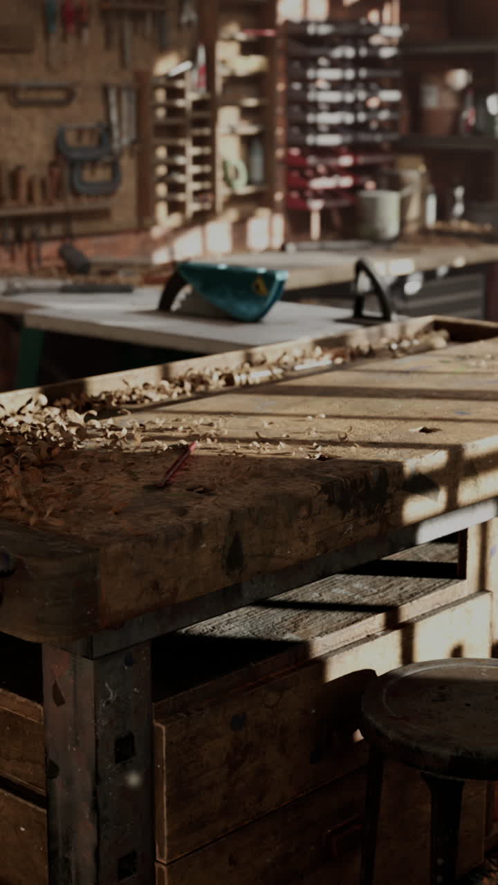 A woodworker's workbench with tools and sawdust